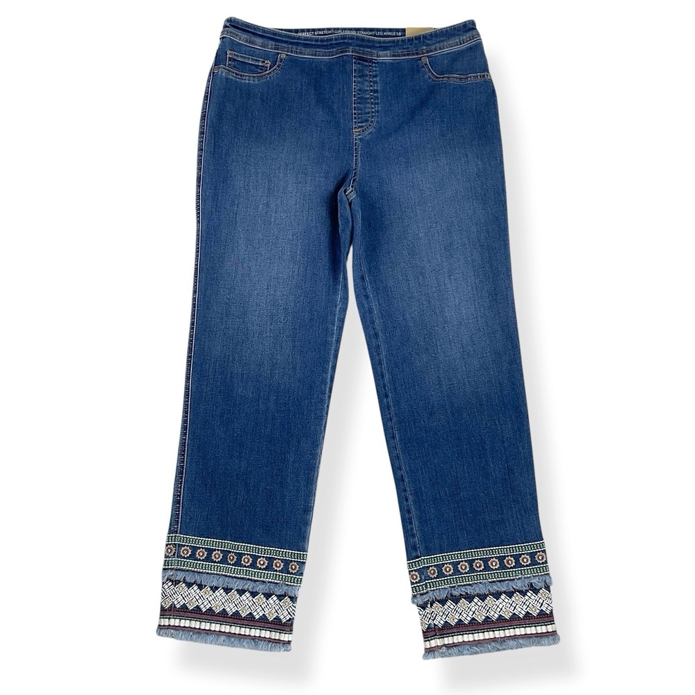 Chicos Jeans Women 10 (ACTUAL 32x26) Blue Girlfriend Straight Ankle Embellished